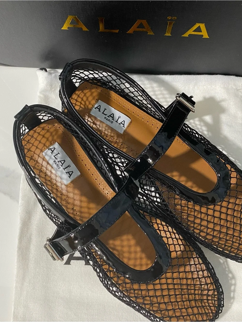 Alaia Black Mesh Mary Jane Flats with Patent Strap